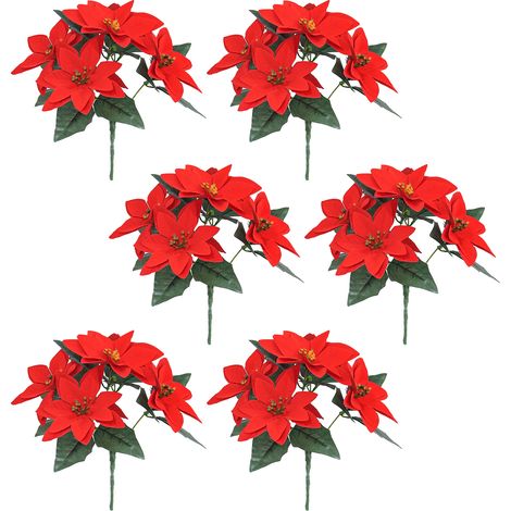 6 künstliche Weihnachtsblumen (5 Gabeln) – Lebendige und naturgetreue künstliche Weihnachtssternsträucher für Küche, Zuhause, Büro, Schlafzimmer (1/3)