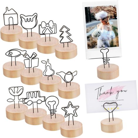 Set di 13 portafoto in legno con clip, porta carte e porta memo, ideale per tavoli, feste e per organizzare foto e appunti.