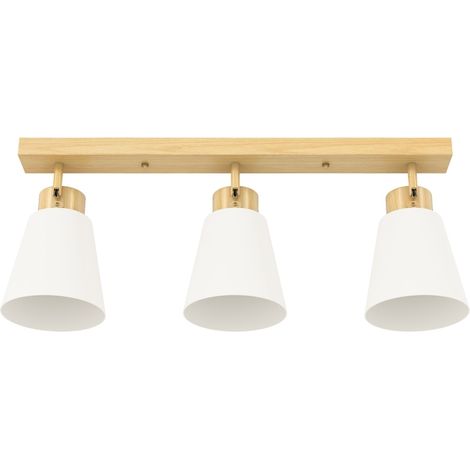 Plafoniera LED 40 W in legno naturale con 3 attacchi E27 e paralumi in vetro orientabili (1/4)
