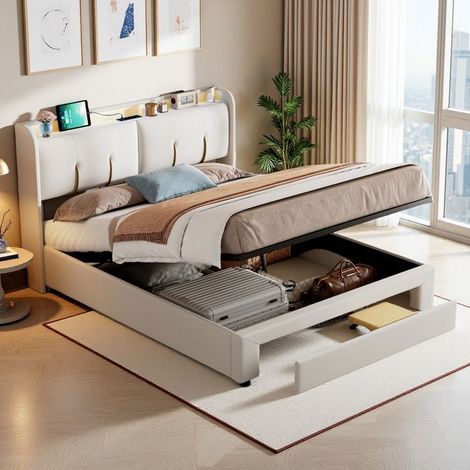 Cama Doble 160x200 - Cofre Hidráulico - Terciopelo Blanco - Metal Dorado - Iluminación LED