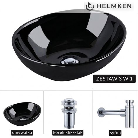 Helmken 65241001 Aufsatzwaschbecken (41x34) Schwarz + Chrom-Siphon + Chrom-Klick-Klack-Verschluss (1/5)