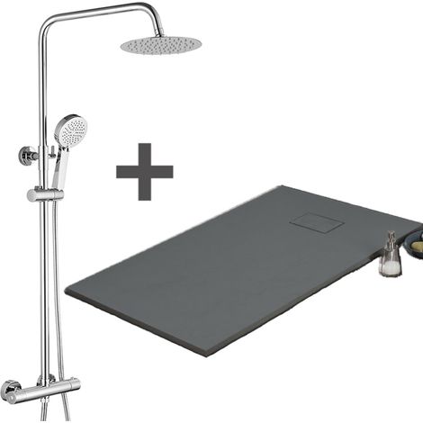 Pack Receveur de douche 90 x 140 cm extra plat gris basalte + Colonne de douche thermostatique