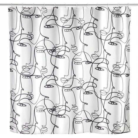 WENKO Rideau de douche anti-moisissure Faces, rideau textile antibactérien pour la douche et la baignoire, lavable & hydrofuge, avec 12 anneaux à fixer sur une barre de douche, 180 x 200 cm