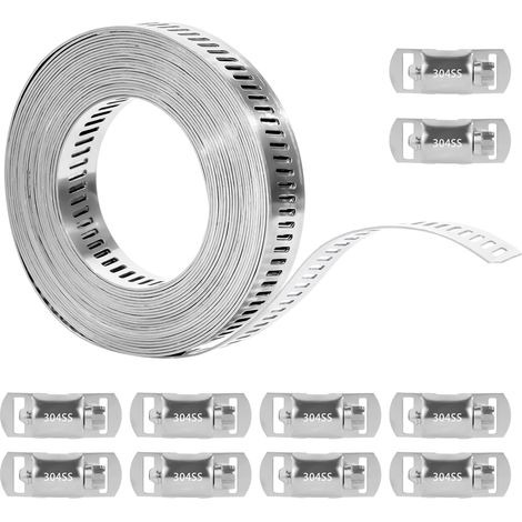 4m Collier de Serrage Inox, Bande Perforée en Métal Réglable, Colliers de Serrage en Acier Inoxydable 304 pour Tuyaux Conduites Eau Gaz Machine à Laver Jardin avec 10 Fixations (1/5)