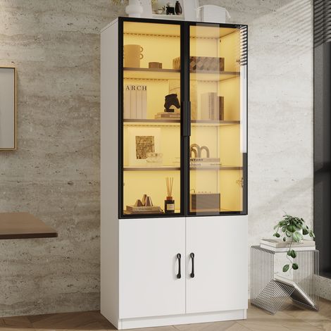 Vitrina con LED multicolor 60x40x160 cm en blanco, cristal de seguridad ahumado y marco de aluminio, 2 puertas inferiores y almacenaje para salón o comedor – CHICFURN (1/5)