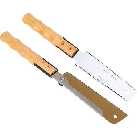 Lot de 2 scies à main : scie à dos clip doré acier SK5 manche bois et scie biface 7 pouces dents fines coupe affleurante menuiserie (1/5)