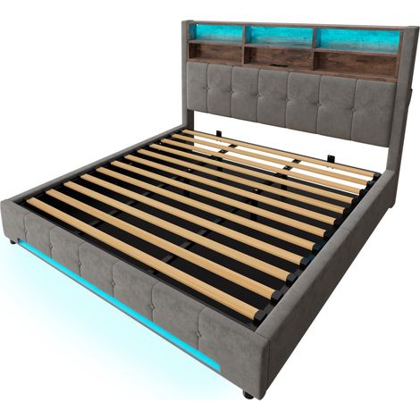 Lit en velours 180x200 cm avec tête de lit multifonction, rangement hydraulique et éclairage LED, couleur bordeaux sans matelas (1/5)