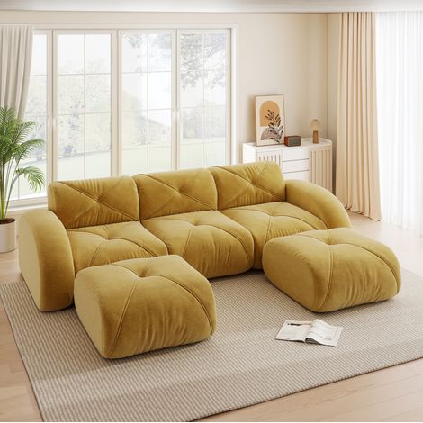 Modulsofa U-Form gelb Chenille rahmenlos mit 2 Hockern (1/5)
