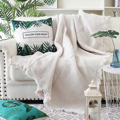 Multifunctionele decoratieve bankdeken/sjaal, eenvoudige effen plaid met kwastjes voor bank, bed of fauteuil, wit (wit 90 x 90 cm) (1/4)