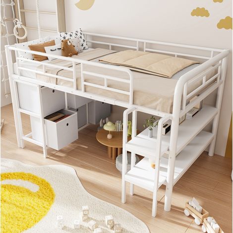 Cama alta infantil baja de metal y MDF blanca 90x200 cm con almacenaje, escaleras anchas y estanterías (1/5)