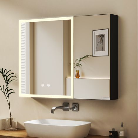 Spiegelschrank mit Beleuchtung 80 x 60 cm, Bad-Hängeschränke Schwarz Spiegelschrank Bad mit Beleuchtung Badezimmer Spiegelschrank mit Touch-Schalter, 3 Einstellbare Lichtfarben, Beschlagfrei (1/5)