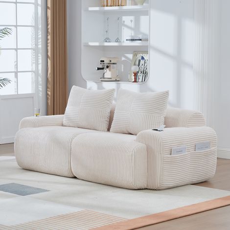 Divano angolare componibile in velluto a coste, con portabicchieri e tasca laterale - 2 posti, 200×99×80 cm, beige (1/5)