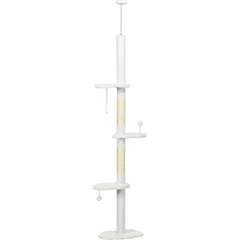 Tour pour chat 48x32x225-255 cm blanc, arbre réglable en hauteur 225-255 cm, avec 3 griffoirs, 2 balles. (1/5)