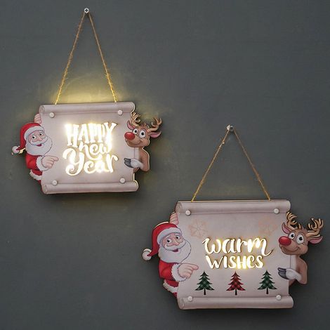 Panneau De Porte De Noël - Panneau D'Accueil En Bois Avec Lumière LED - Pour Intérieur Extérieur - 25 X 14 X 3 Cm - 1 Pièce (1/5)