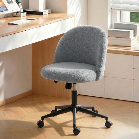 Chaise de Bureau Pivotante en Fourrure Teddy, Hauteur Réglable, Roulettes, Mousse Haute Résilience, Gris (1/5)