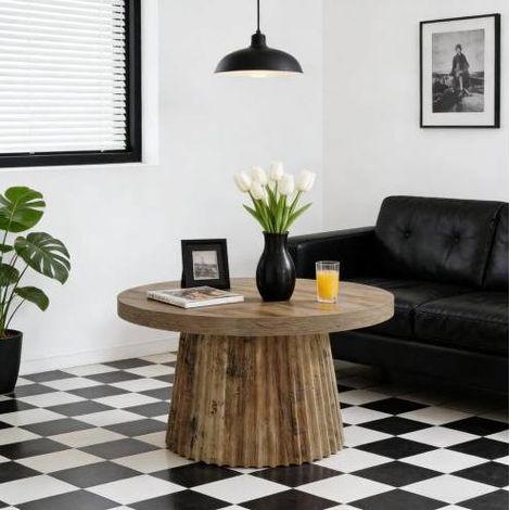 Runder Couchtisch 80 cm aus braunem MDF mit geriffeltem Säulenfuß, H. 45 cm OKWISH (1/5)