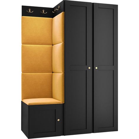 Meuble d'entrée Hartford 379, Noir, 186x116x46cm, MDF, Stratifié, Tissu, Murale, À poser