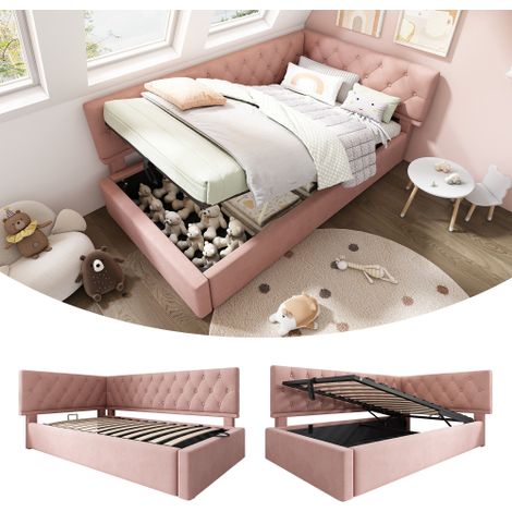 Polsterbett Tagesbett Daybett 90x190cm, Schlafsofa mit hydraulischem Stauraum, Kinderbett Jugendbett Bettgestell mit Lattenrost aus Holz, Samt, Rosa, ohne Matratze.