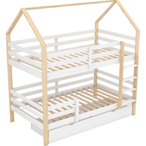 Cama cabina litera infantil 90 x 200 cm de pino blanco y madera, con cajones, sin colchón (1/5)