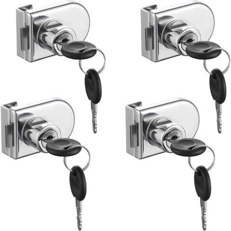 Serrure pour porte vitrée, serrure à came en 4 parties, serrure de sécurité pour vitrines vitrées de 5 à 8 mm d'épaisseur, sans perçage (avec 8 clés)