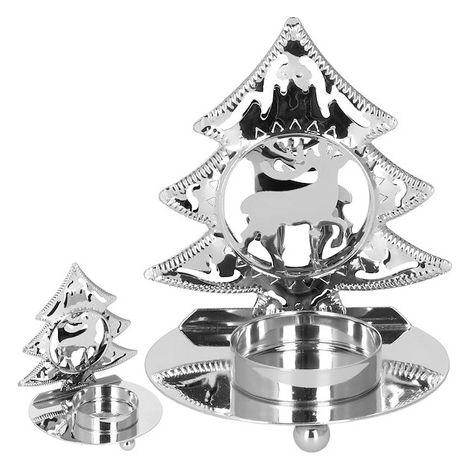 Candelabro natalizio in metallo con albero di Natale argento.