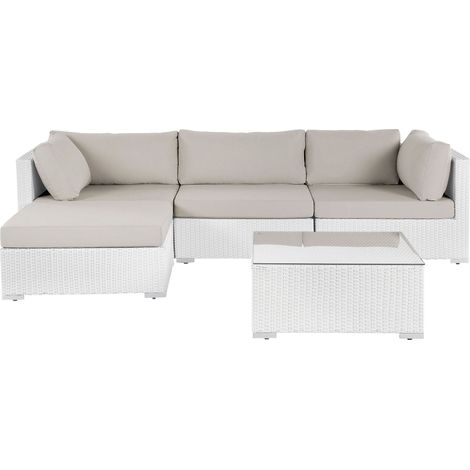 Garden Corner Sofa with Table 4 Seater SANO Right Hand Modular PE Rattan White