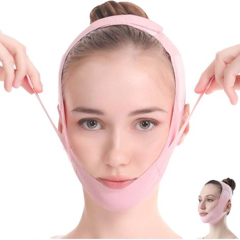 Masque facial en forme de V, masque liftant, bande amincissante réutilisable pour le visage, bande liftante ajustable en forme de V pour le menton et les peaux mortes du visage, rose (1/5)