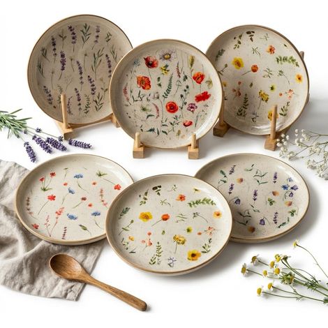 Assiettes à dessert en céramique 19,5 cm – Lot de 6 – Motif fleurs sauvages – Compatibles lave-vaisselle et micro-ondes