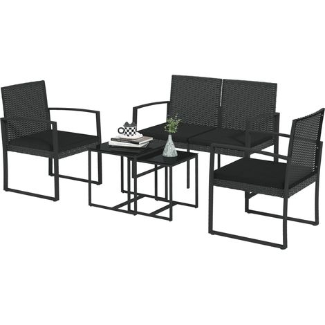 Ensemble de Jardin en Rotin Synthétique 2 Canapés Individuels 1 Canapé Double 2 Tables Basses Noir