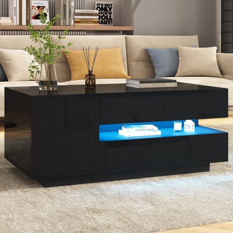 Table basse en panneaux de particules noir brillant 95 cm, plateau relevable avec LED et rangements (1/5)
