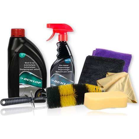 Kit Nettoyage Jantes Voiture Dunlop 7 Pièces - Shampoing Auto, Nettoyant Jantes, Brosse Roue, 2 Microfibres, Éponges et Chamois