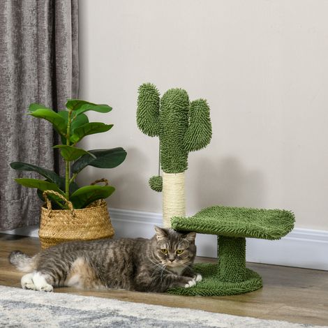 Arbre à chat en forme de cactus avec griffoir et balle de jeu. 35 x 31 x 55,5 cm. Vert et blanc.