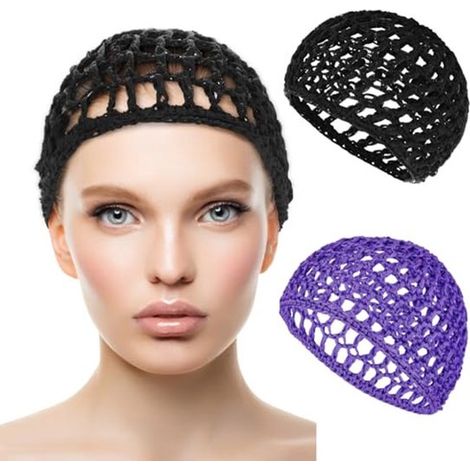 Lot de 2 filets de nuit crochetés - Bonnet de nuit en maille douce et réutilisable pour femmes - Bonnet de nuit lissant et soyeux pour cheveux longs/courts - Noir + Violet (1/5)