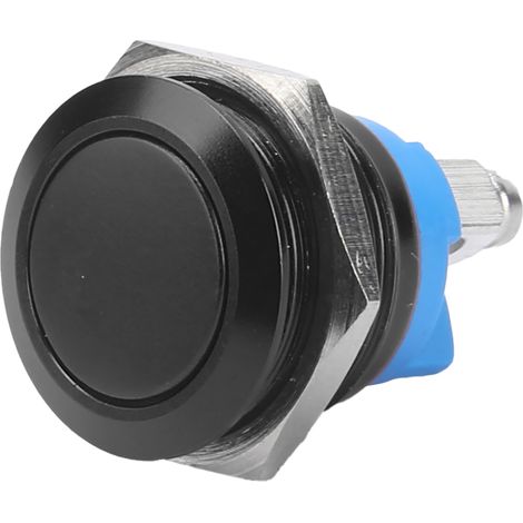 Interrupteur à bouton métallique en acier inoxydable, tête plate ronde de 16 mm, étanche, à réarmement automatique, alimentation 220 V (noir) (1/5)