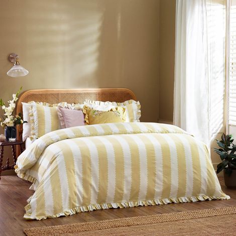 Jeu De Housse De Couette Réversible À Volants Coton Riche Rayé Literie Jaune Beurre 230x220cm King (1/4)