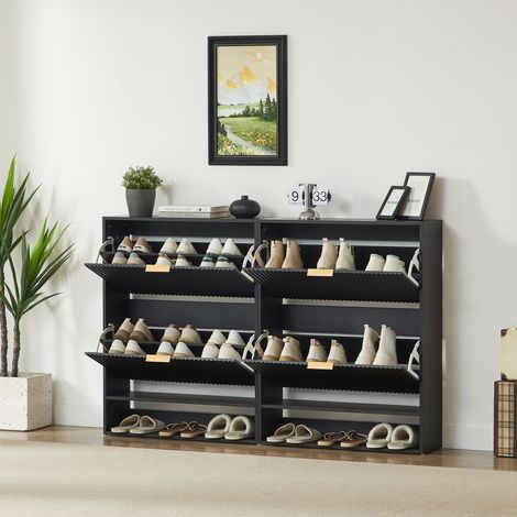 Meuble à chaussures 80x24x102 cm pour entrée, 2 abattants, rangement étroit, MDF noir