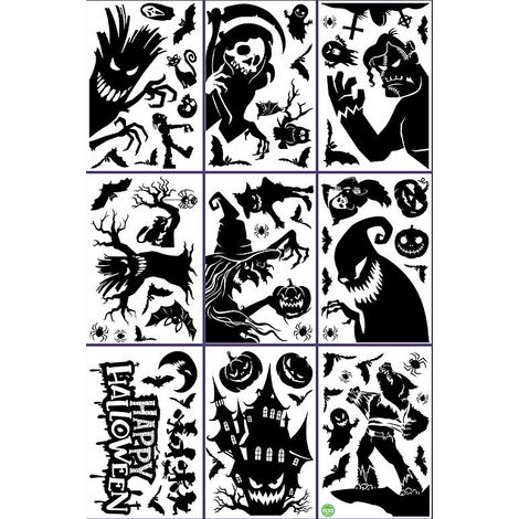 W14 DEHOBO Autocollants statiques d'Halloween, silhouettes noires et blanches loup‑garou, château ancien et sorcière, lot (1/2)