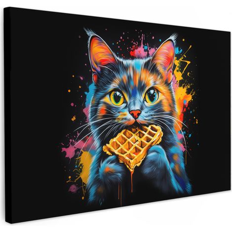 TABLEAU SUR TOILE Chat - Graffiti - Coloré - Gaufre - Alimentaire Déco Chambre Tableau 60x40 cm