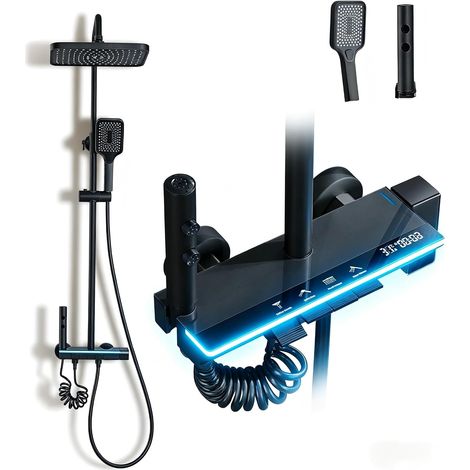 Colonne de Douche Titane avec Tête Carrée,Colonne de Douche 4 Modes et Hauteur Réglable75-110CM, Affichage LED,Tête de Douche, Jet, Robinet et Pommeau de Douche (Noir) (1/5)