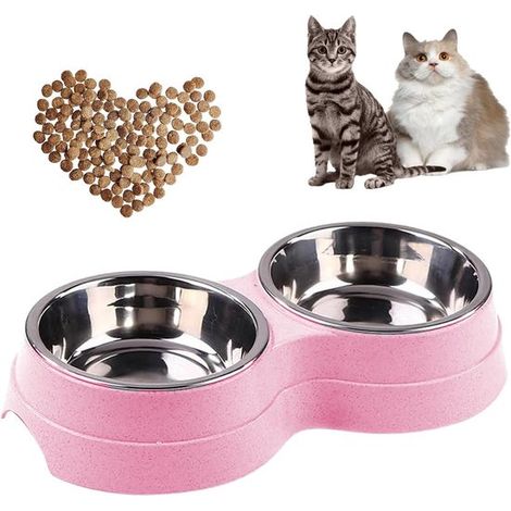 Comedero doble para gatos, Bol de acero inoxidable con diseño fácil limpiar extraíble, Base antideslizante gatitos gatos medianos grandes, Rosa (1/5)