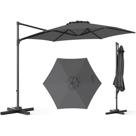 Parasol déporté gris 305 cm en polyester avec rotation à 360 et toit ventilé pour jardin, terrasse et piscine (1/5)
