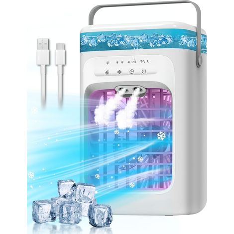 Climatiseur portable, mini climatiseur, portable avec 3 vitesses et 2 brumisateurs, oscillation à 120°, 7 couleurs d'éclairage, minutes 2-4 h, petit ventilateur rafraîchissant pour chambre, bureau, ma (1/5)