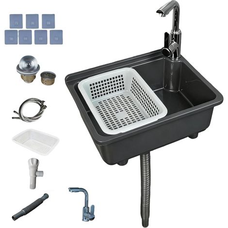 Évier Mural en Plastique, 43x32.5cm Évier de Cuisine Utilitaire avec Aluminium Robinet d'eau Chaude et Froide, Panier D'évacuation et Kit de Fixation pour Restaurants, Garages, Bains (1/5)