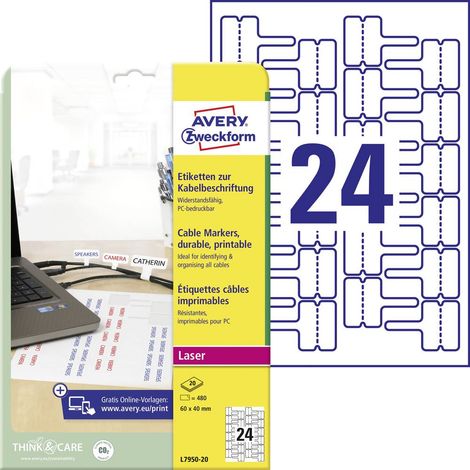 Avery-Zweckform L7950-20 Etiquette pour câbles 60 x 40 mm film de polyester blanc 480 pc(s) fixation permanente imprima (1/4)