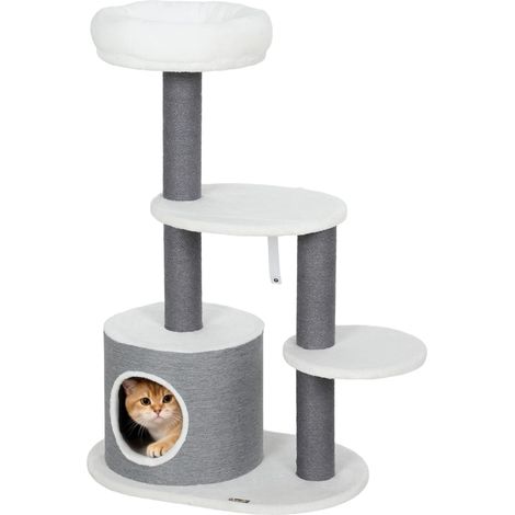 Arbre à chat avec 1 niche, 1 panier, 2 plateformes, poteaux en corde jute, blanc et gris
