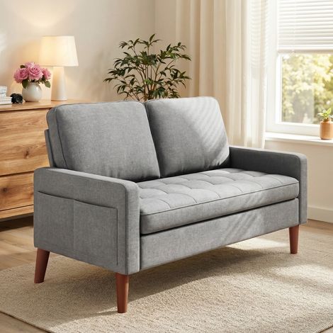 Bealife Sofá de 2 Plazas con 2 Cojines de Respaldo 2 Cojines de Reposabrazos Estructura de Madera Metal Tela de Algodón y Lino 121 x 76 x 87 cm Gris Claro
