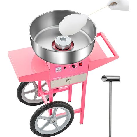 Machine à barbe à papa électrique avec chariot, 1000 W, appareil à barbe à papa commercial avec bol en acier inox de 52 cm, cuillère à sucre et tiroir, pour fêtes d'anniversaires d'enfants, rose