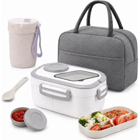 Ensemble boîte à lunch sac isotherme 1200 ml 2 compartiments étanche sans BPA couverts récipient à sauce tasse à eau Blanc (1/3)