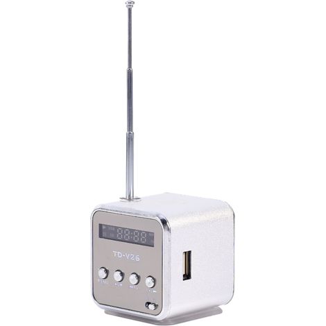 Mini enceinte portable avec lecteur de musique, radio FM et lecteur PC, compatible cartes TF et clés USB, couleur argent. (1/5)