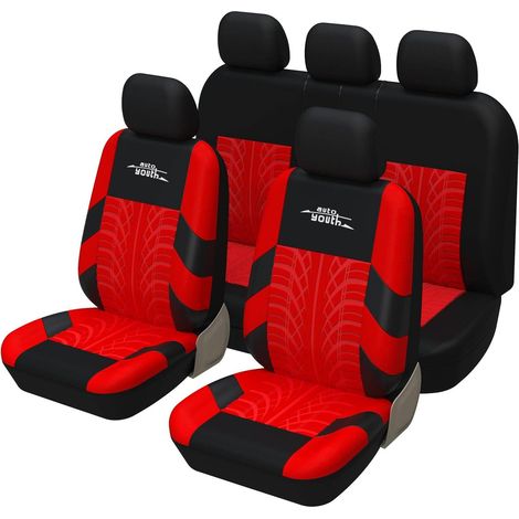 Fundas Completas para Asientos de Coche, Fundas para Asientos Delanteros con Fundas para Asientos Traseros para Banco Dividido para Coche, Protectores de Asientos Completos - 9 Piezas, Rojo (1/5)